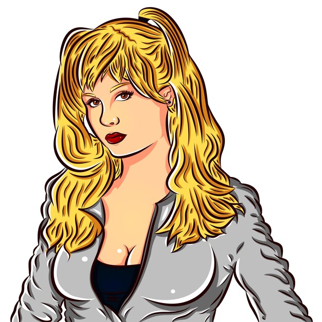 Vector chica rubia con coletas, con chaqueta gris y blusa negra con escote, ilustración vectorial