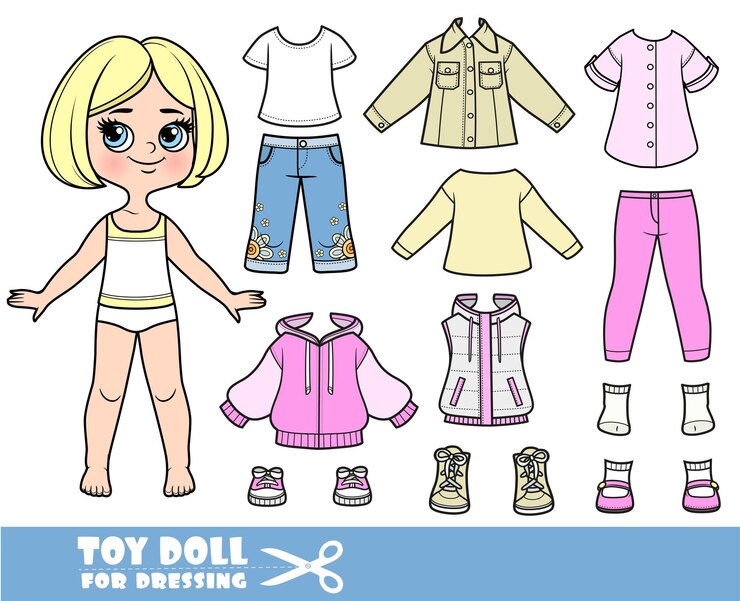 Vector chica rubia de dibujos animados con bob corto y ropa por separado pantalones de manga larga denim y chaqueta deportiva chaleco sandalias vaqueros y zapatillas de deporte