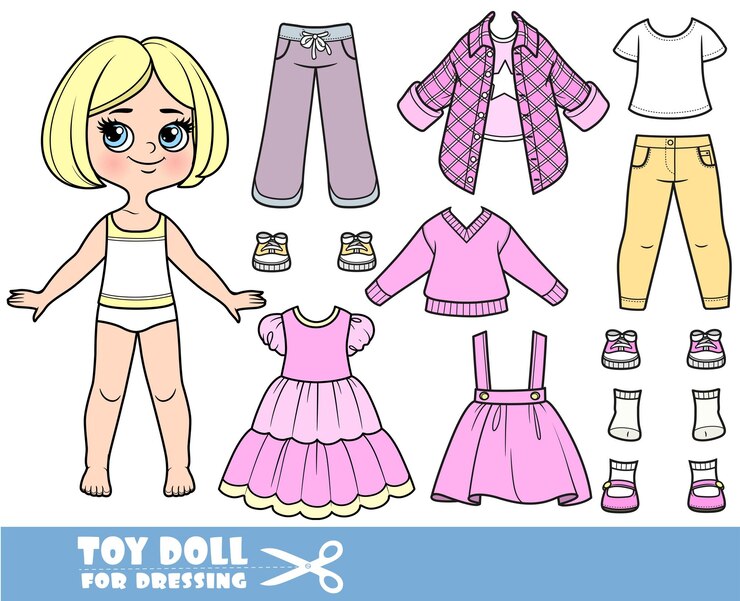 Vector chica rubia de dibujos animados con cabello corto y ropa por separado camisas rosadas faldas de manga larga sandalias vaqueros y zapatillas de deporte