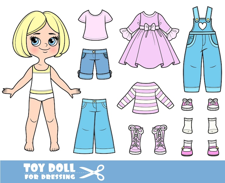 Vector chica rubia de dibujos animados con cabello corto y ropa por separado rosa de manga larga de mezclilla sandalias vestido vaqueros y zapatillas de deporte