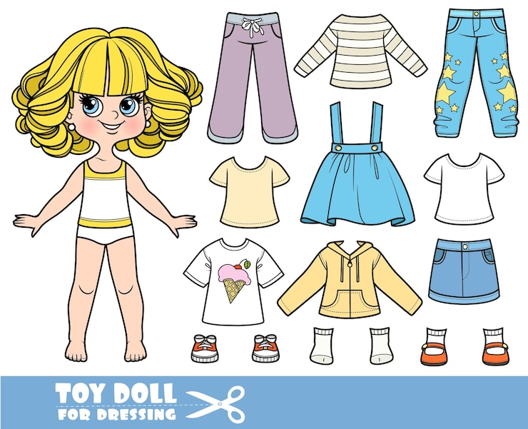 Vector chica rubia de dibujos animados con grandes rizos y ropa por separado camisa de manga larga sandalias chaqueta faldas vaqueros y zapatillas de deporte muñeca para vestirse