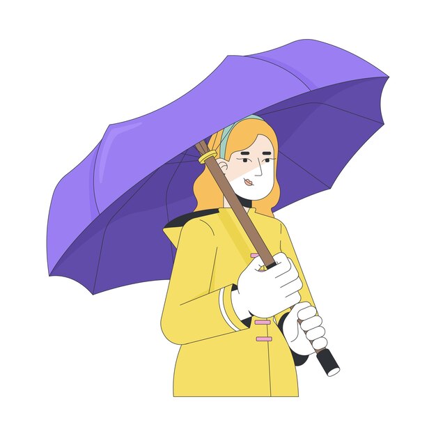 Chica rubia con impermeable que sostiene un paraguas personaje de dibujos animados en 2D