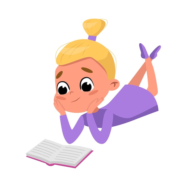 Chica rubia linda leyendo un libro mientras se acuesta sobre su estómago en el suelo Niño preescolar o estudiante de escuela primaria disfrutando de la literatura Ilustración vectorial de estilo dibujos animados
