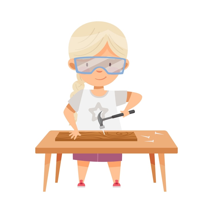 Vector chica rubia linda con trenzas que usa gafas de protección en la mesa trabajando la madera martillando clavos en la ilustración vectorial de tabla de madera