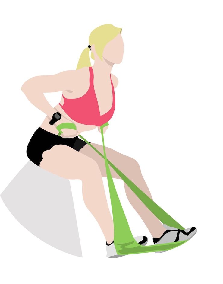 Vector chica rubia mujer entrenando la espalda y la pierna con un elástico gimnasio fitness vector estilo plano