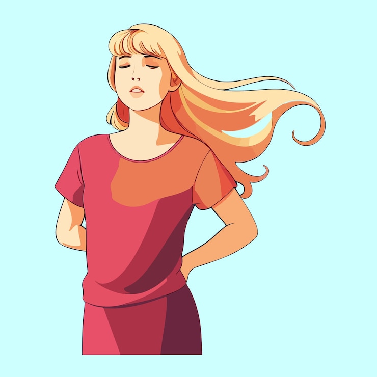 Vector la chica rubia de pelo largo se para bellamente y se ríe pose agraciada hermosa figura femenina hermosa mujer en vestido rojo ilustración vectorial colorida