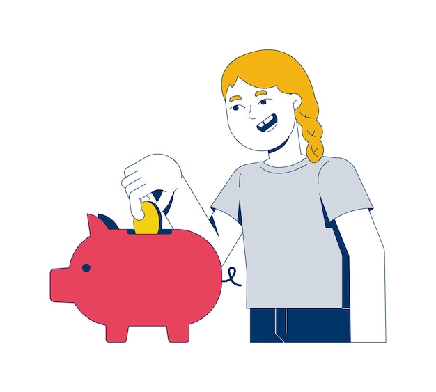 Chica rubia poniendo moneda en la alcancía personaje de dibujos animados 2D