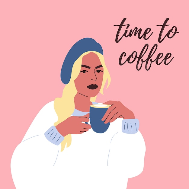 Vector chica rubia con taza de café hora de café ilustración vectorial