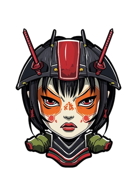 Chica samurai con armadura ilustración de diseño de logotipo dibujado a mano