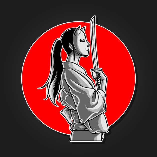 Chica Samurai enmascarada sosteniendo Wakizashi, Ilustración monocroma