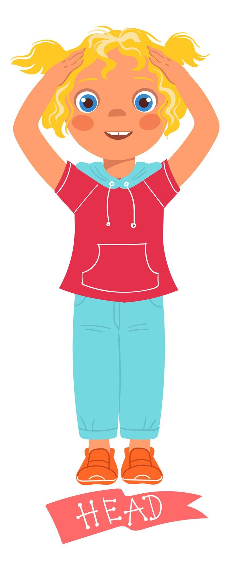 Vector chica señalando la cabeza ilustración de parte del cuerpo educativo aislada sobre fondo blanco