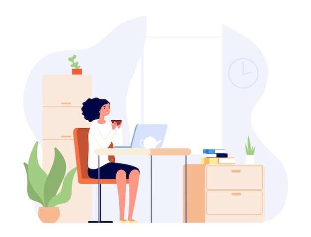 Chica sentada en casa. Mujer en el escritorio viendo videos en la computadora portátil y bebiendo té. Alumno que aprende lecciones en línea o a distancia, trabajo autónomo. Mujer tiene relajación doméstica después de la ilustración de vector de trabajo