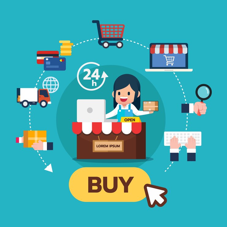 Vector chica sentada frente. iconos planos establecidos para pasos de compras en línea