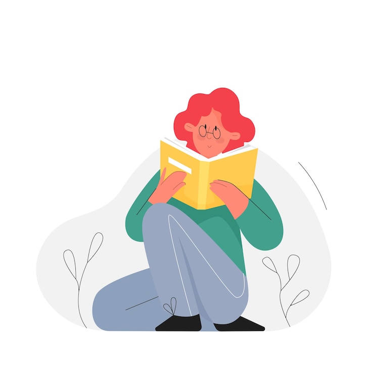 Vector chica sentada con gafas leyendo un libro de cuentos