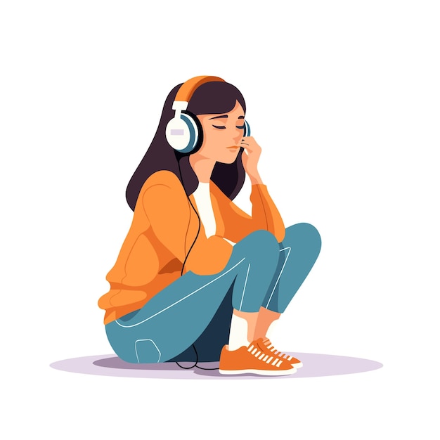 Vector chica sentada hablando en los auriculares ilustración vectorial