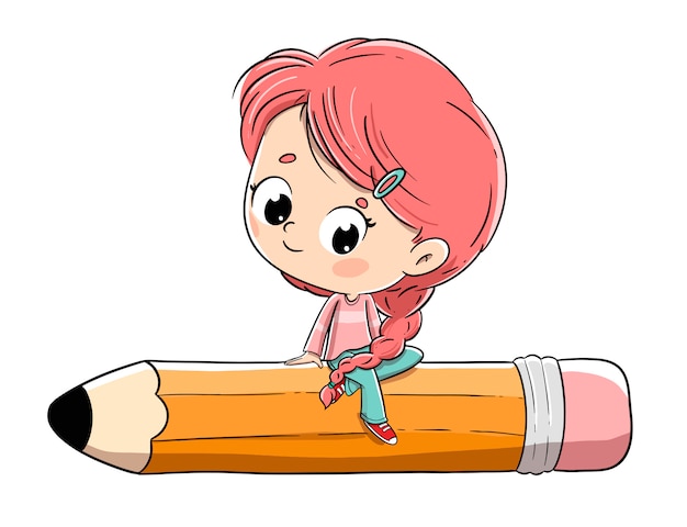 Chica sentada en lápiz grande. Ella tiene una trenza y cabello rojo.
