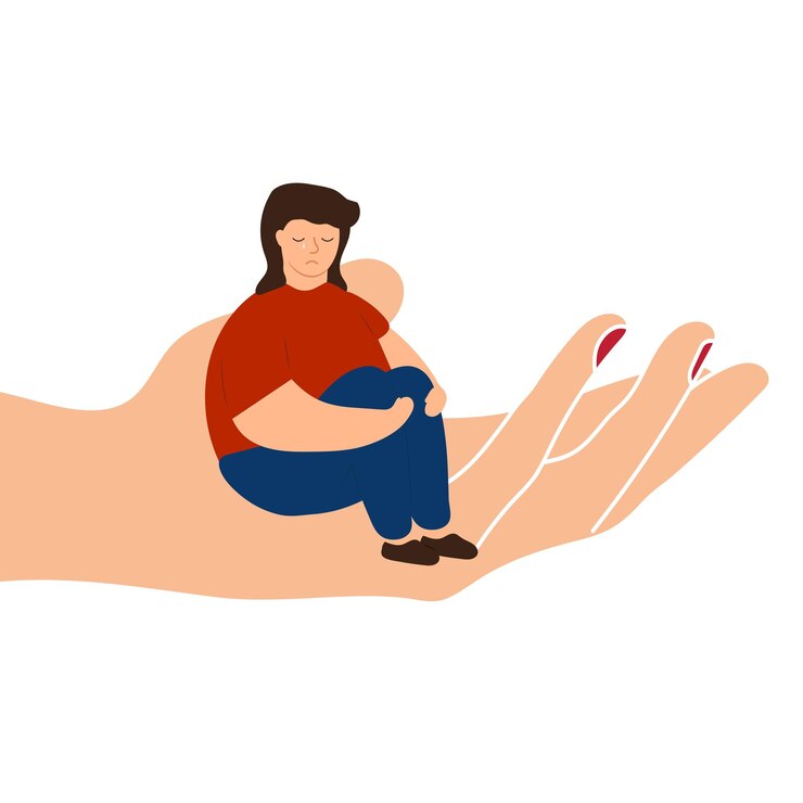 Chica sentada llorando en la mano Conciencia de salud mental Abuso infantil