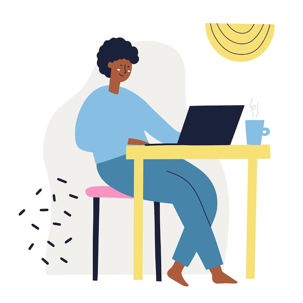 Chica sentada en la mesa trabajando en la computadora portátil. Freelance, trabaja desde el concepto de hogar. Ilustración de vector dibujado a mano.