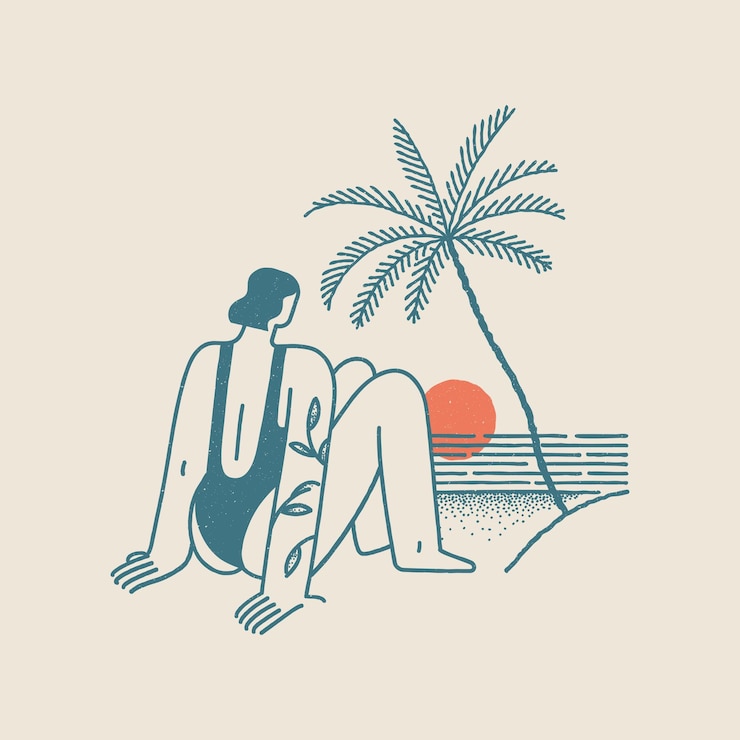Vector chica sentada en la plantilla de diseño de camiseta vintage de playa