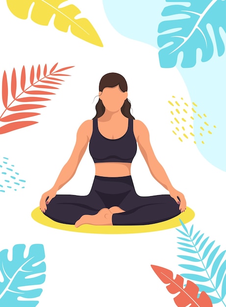 Chica sentada en posición de loto estilo plano ilustración de personaje clase de yoga