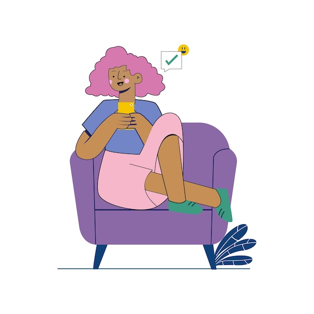 Chica sentada en una silla charlando por teléfono celular Descanse en casa Ilustración de vector de vida hogareña