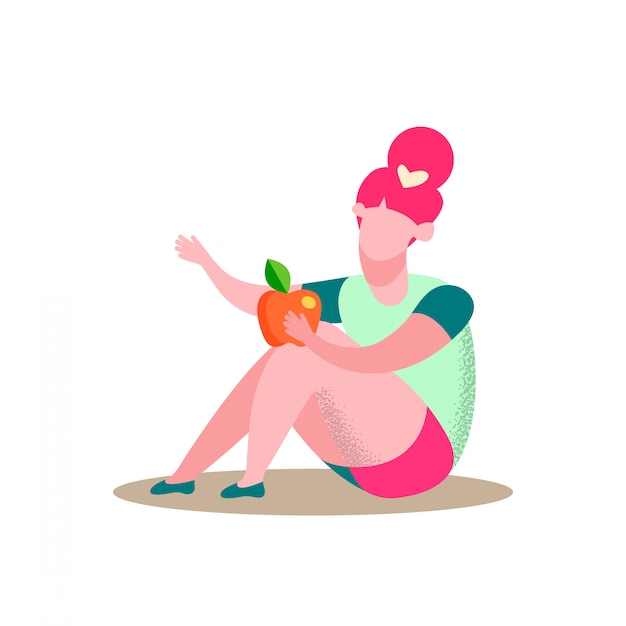 Chica sentada sostiene Apple ilustración vectorial plana