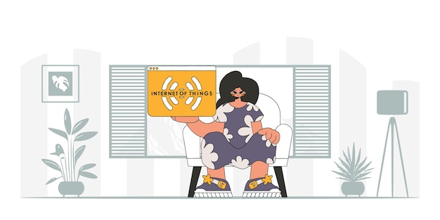 Chica sentada en el suelo, mirando el logotipo de IoT en estilo vectorial moderno.