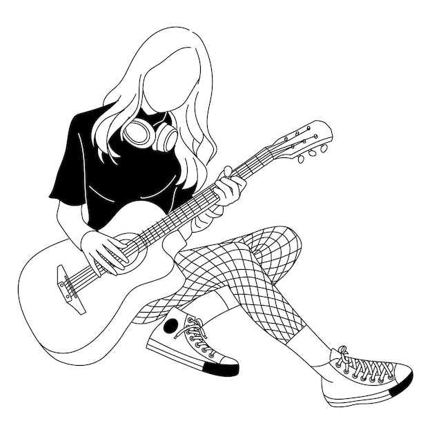 Chica sentada en el suelo y tocando la ilustración de vector de guitarra