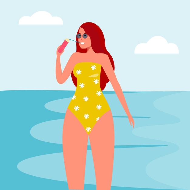 Chica sexy en bikini bebe un cóctel en la playa cerca del mar vector plano el concepto de belleza y relajación