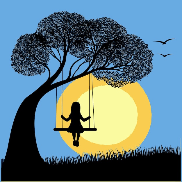 Una chica se sienta en un columpio bajo un árbol con la puesta de sol