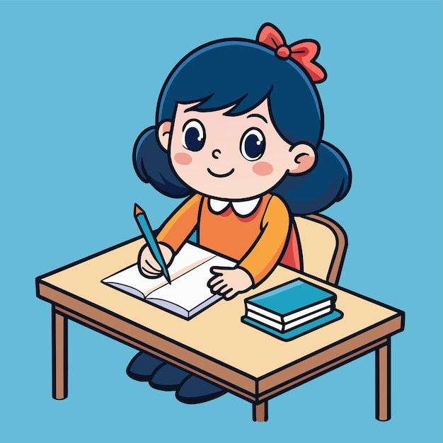 una chica se sienta en un escritorio escribiendo en un cuaderno