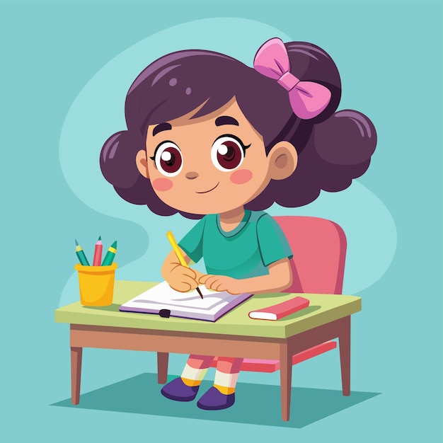 una chica se sienta en un escritorio con un lápiz y un lápic en la mano