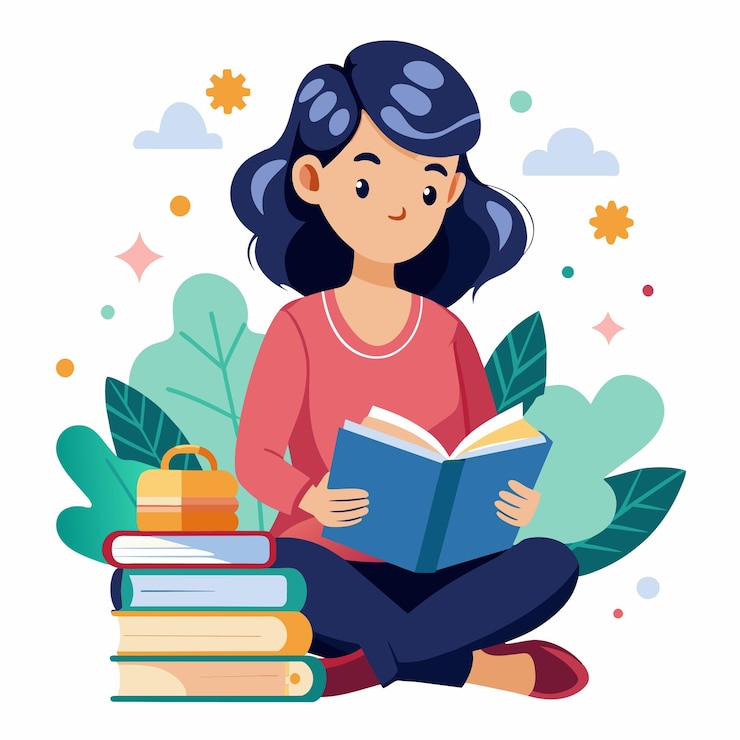 Vector una chica se sienta frente a algunos libros con un libro titulado cita un regalo cita