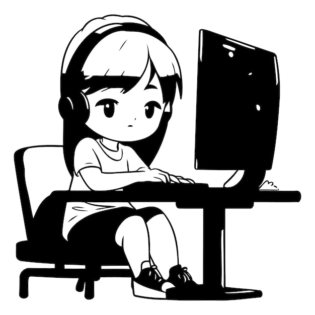 una chica se sienta frente a una computadora y tiene una foto de una chica en su cabeza