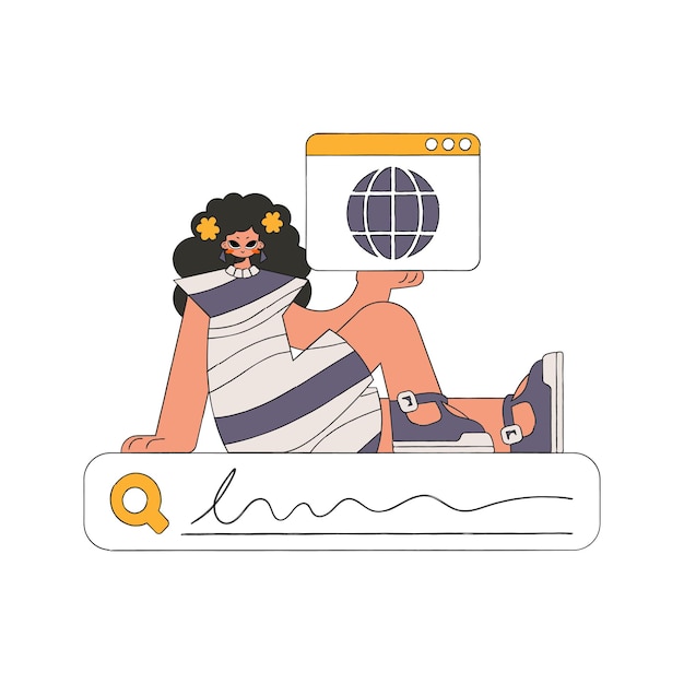 La chica se sienta en la línea de búsqueda y sostiene un navegador web en sus manos Busca información personaje de estilo retro lineal