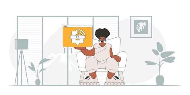 La chica se sienta en el suelo y agarra el logotipo de IoT. Carácter vectorial, estilo moderno.