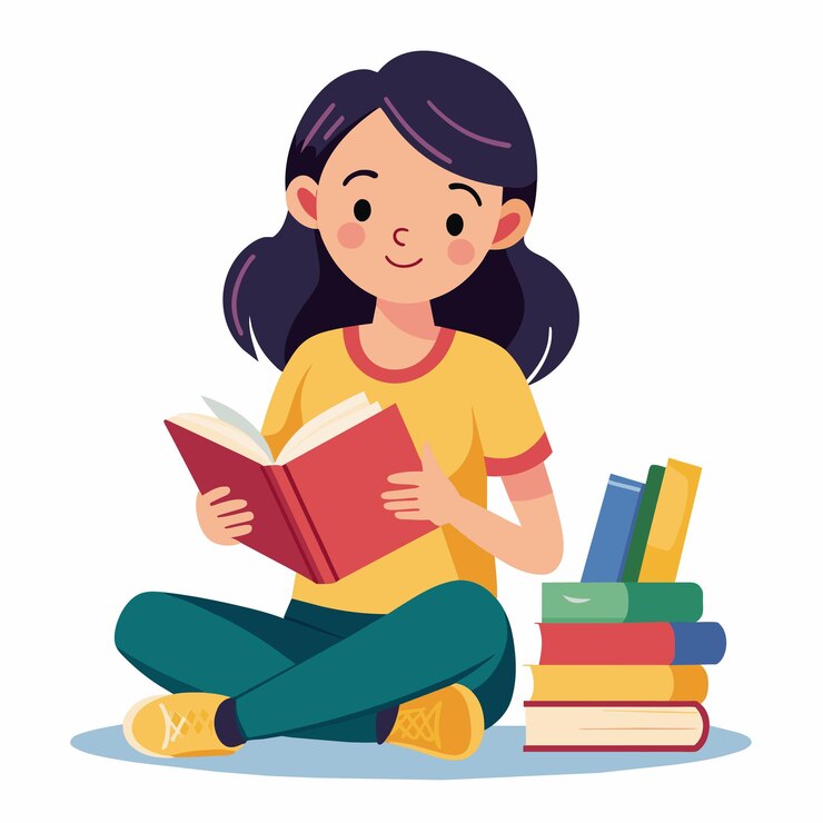 Vector una chica se sienta en el suelo con libros y un libro titulado cita la palabra cita