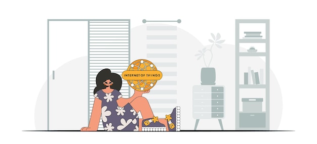 La chica se sienta en el suelo sosteniendo el personaje de estilo moderno del vector del logotipo de IoT