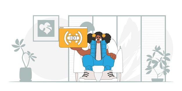 La chica se sienta en el suelo y sostiene el logotipo de IoT en un estilo vectorial moderno.