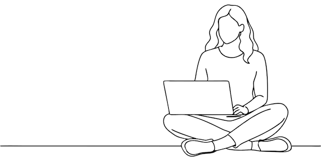 una chica se sienta en el suelo y usa una computadora portátil