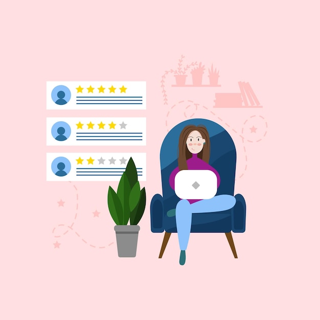 La chica de la silla de la casa está estudiando reseñas en línea con calificaciones. Retroalimentación. Reseñas de cinco estrellas.