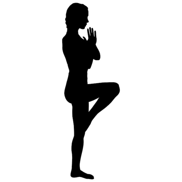 Chica de silueta en clase de yoga en pose sobre un fondo blanco