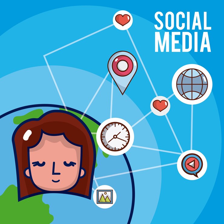 Vector chica con símbolos de redes sociales en todo el mundo