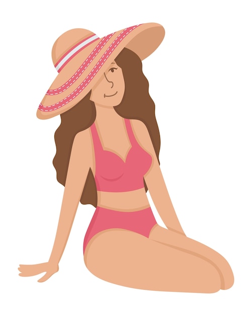 Vector una chica con sombrero de paja se relaja en la playa. imágenes prediseñadas planas de garabatos. todos los objetos están repintados.