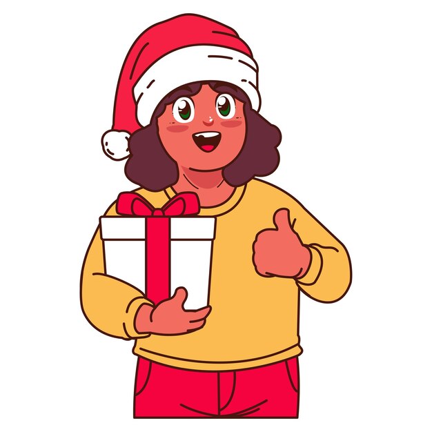 Vector una chica con un sombrero de papá noel sosteniendo una caja de regalos