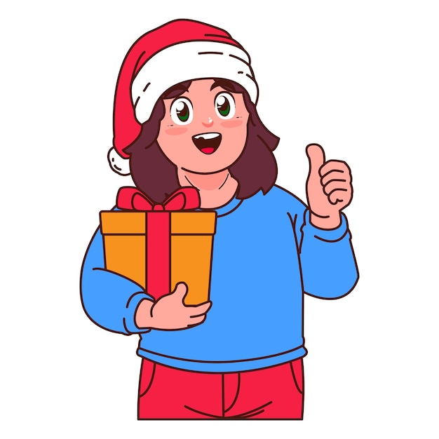 Vector una chica con un sombrero de papá noel sosteniendo una caja de regalos