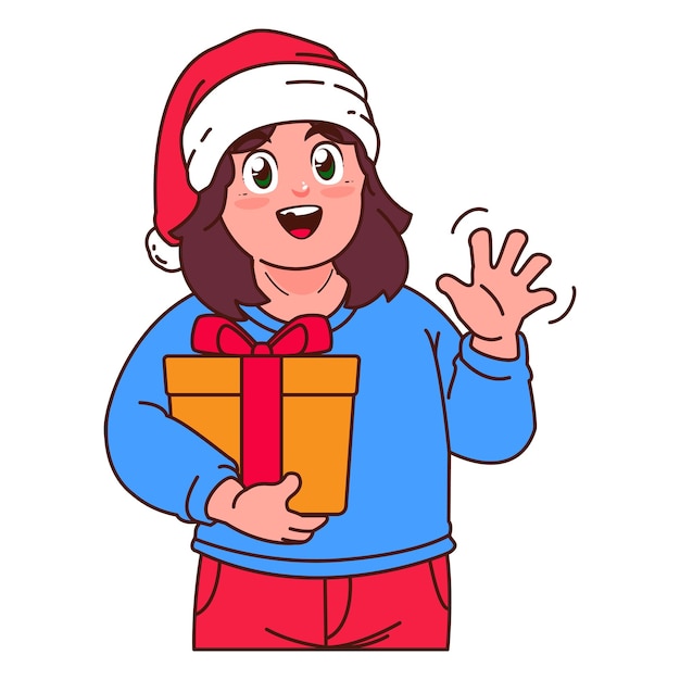 Vector una chica con un sombrero de papá noel sosteniendo una caja de regalos