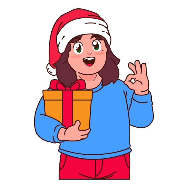 Vector una chica con un sombrero de papá noel sosteniendo una caja de regalos