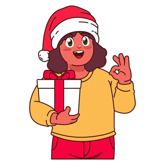 Vector una chica con un sombrero de papá noel sosteniendo una caja de regalos