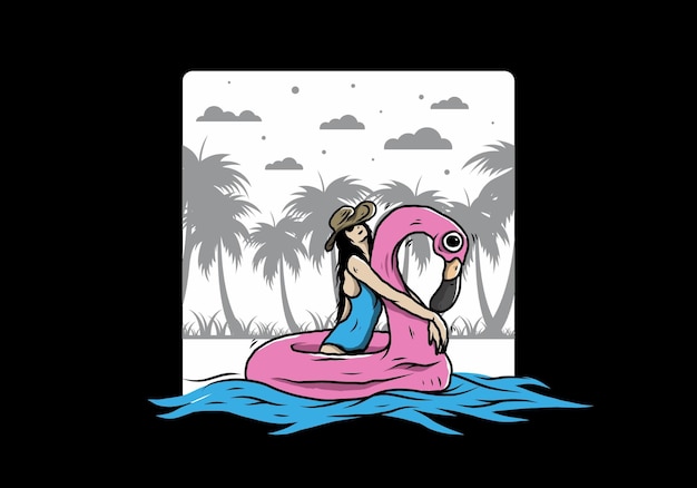 Chica con sombrero de playa en un aro salvavidas inflable ilustración de flamenco